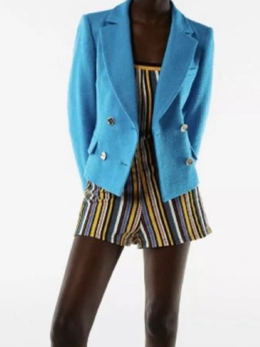 Zara Bright Blue Double-Breasted Textured Blazer